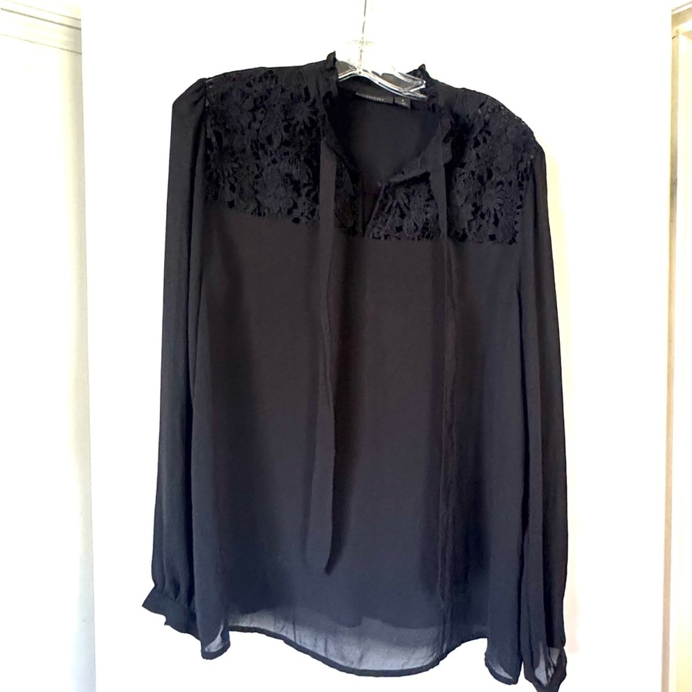 Halogen Black lace with tie Dress Shirt Elegant Long-Sleeve Design - Large